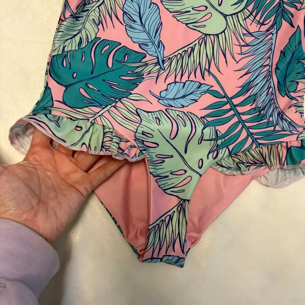 Boardies Apparel Pink Green Leafy Tropical One Piece Ruffle SZ 10-11 Scoop Neck